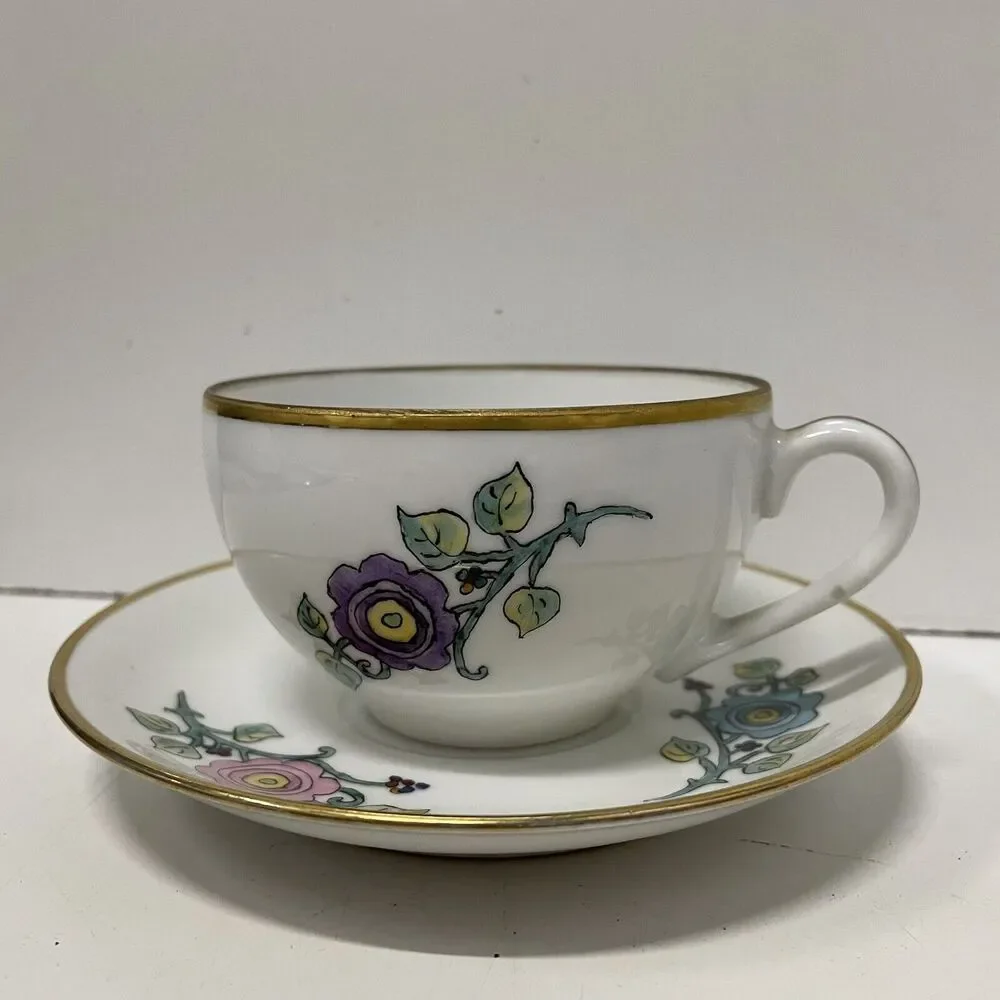 Vintage Tea Cup & Saucer Handpainted OCCUPIED JAPAN M.B. 1940s Floral Gold Trim